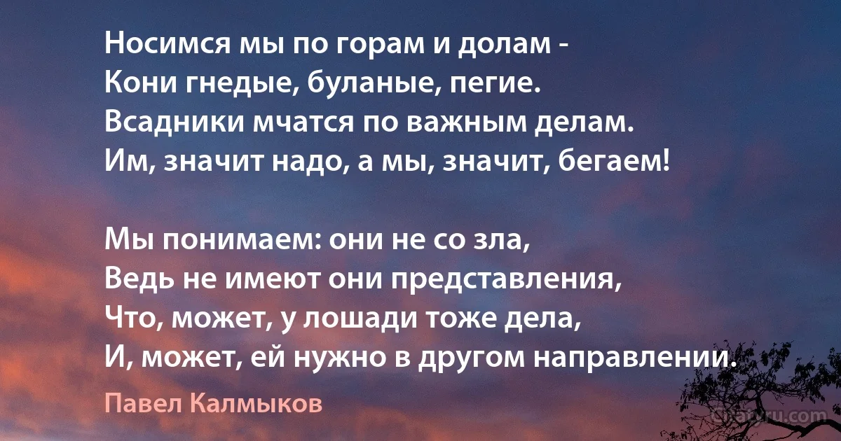 Носимся мы по горам и долам -
Кони гнедые, буланые, пегие. 
Всадники мчатся по важным делам. 
Им, значит надо, а мы, значит, бегаем!

Мы понимаем: они не со зла, 
Ведь не имеют они представления,
Что, может, у лошади тоже дела,
И, может, ей нужно в другом направлении. (Павел Калмыков)