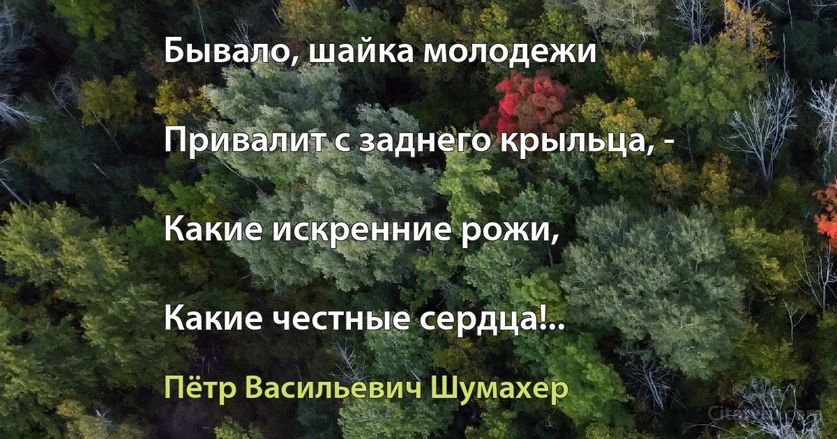 Бывало, шайка молодежи

Привалит с заднего крыльца, -

Какие искренние рожи,

Какие честные сердца!.. (Пётр Васильевич Шумахер)