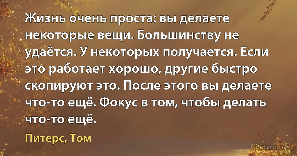 Жизнь очень проста: вы делаете некоторые вещи. Большинству не удаётся. У некоторых получается. Если это работает хорошо, другие быстро скопируют это. После этого вы делаете что-то ещё. Фокус в том, чтобы делать что-то ещё. (Питерс, Том)