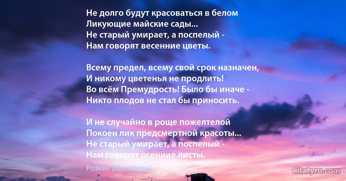 Не долго будут красоваться в белом
Ликующие майские сады...
Не старый умирает, а поспелый -
Нам говорят весенние цветы.

Всему предел, всему свой срок назначен,
И никому цветенья не продлить!
Во всём Премудрость! Было бы иначе -
Никто плодов не стал бы приносить.

И не случайно в роще пожелтелой
Покоен лик предсмертной красоты...
Не старый умирает, а поспелый -
Нам говорят осенние листы. (Роман (Матюшин))