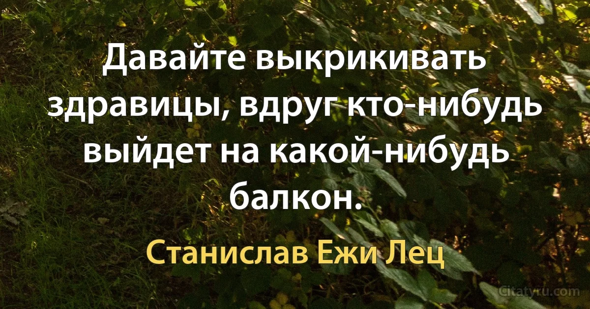 Давайте выкрикивать здравицы, вдруг кто-нибудь выйдет на какой-нибудь балкон. (Станислав Ежи Лец)