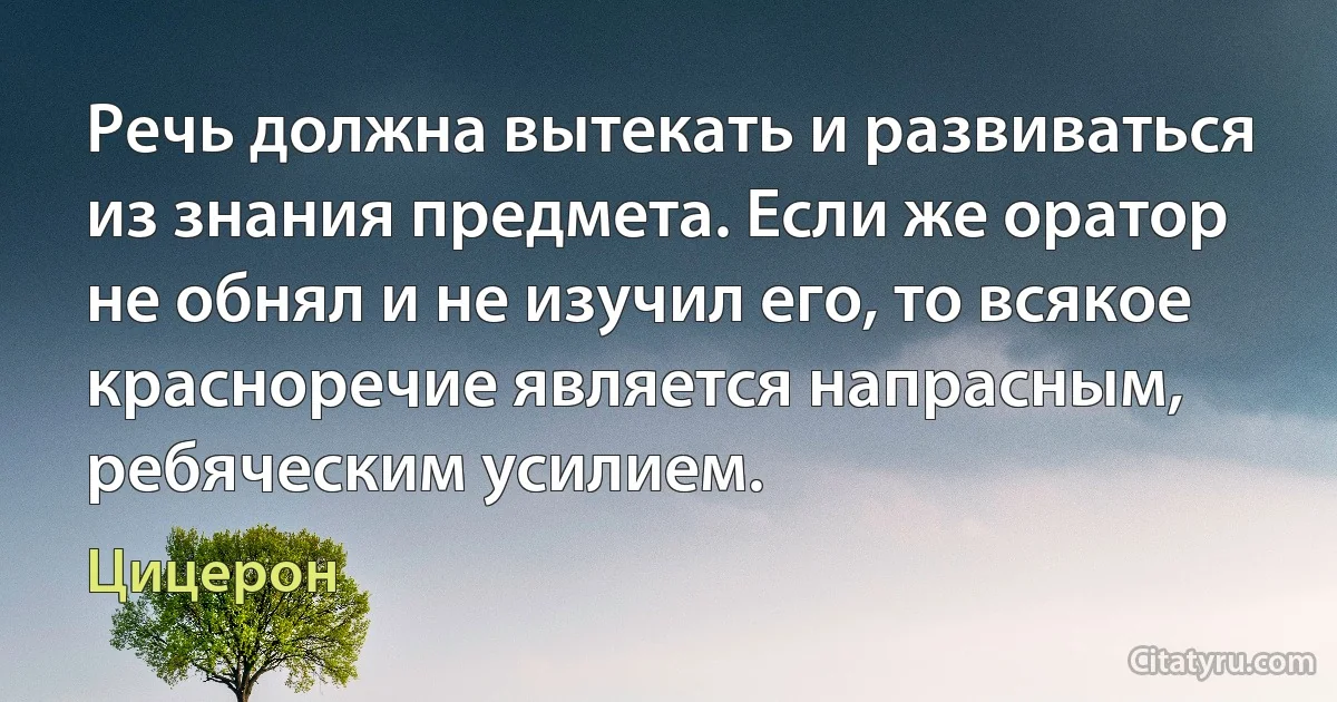 Речь должна вытекать и развиваться из знания предмета. Если же оратор не обнял и не изучил его, то всякое красноречие является напрасным, ребяческим усилием. (Цицерон)