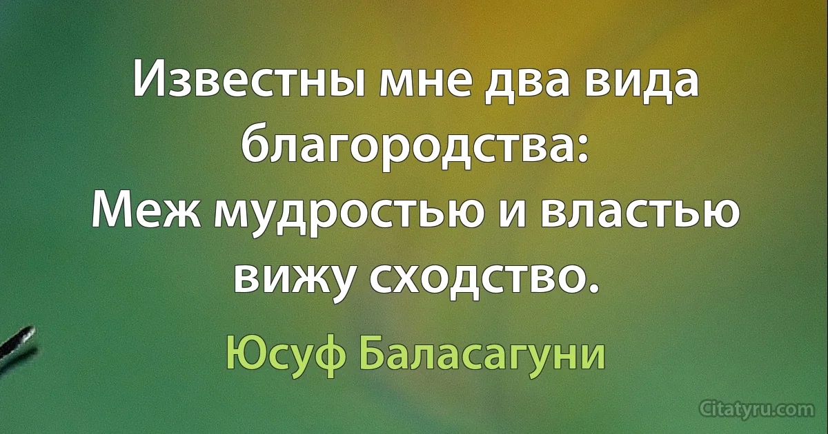 Известны мне два вида благородства:
Меж мудростью и властью
вижу сходство. (Юсуф Баласагуни)