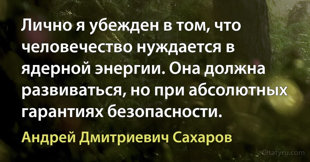 Лично я убежден в том, что человечество нуждается в ядерной энергии. Она должна развиваться, но при абсолютных гарантиях безопасности. (Андрей Дмитриевич Сахаров)