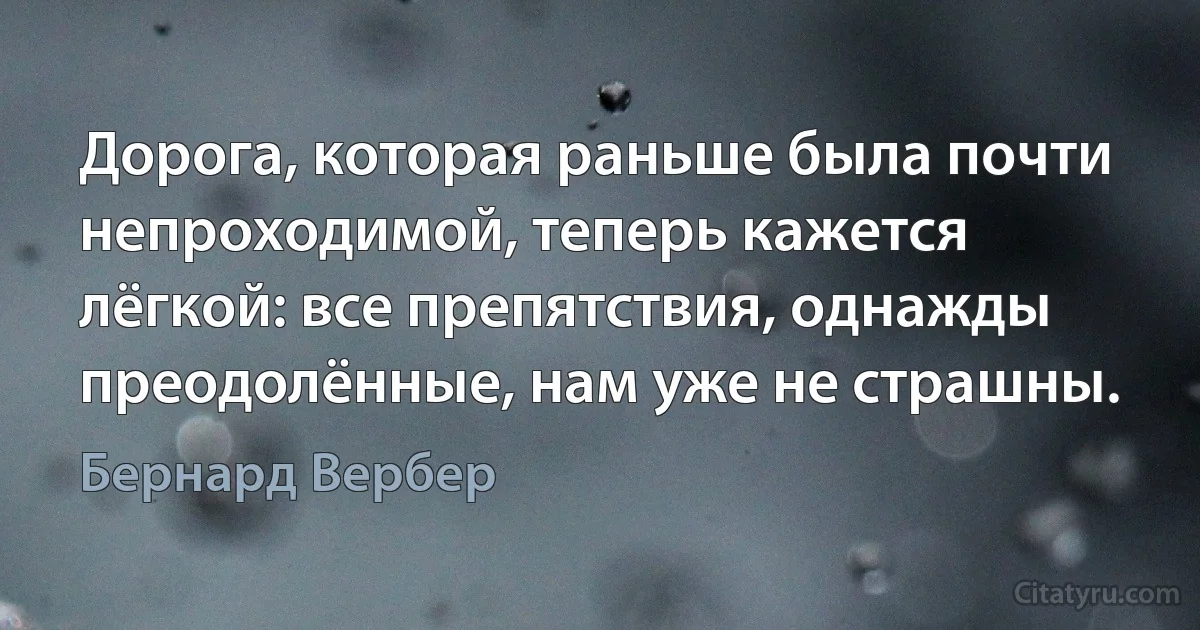 Дорога, которая раньше была почти непроходимой, теперь кажется лёгкой: все препятствия, однажды преодолённые, нам уже не страшны. (Бернард Вербер)