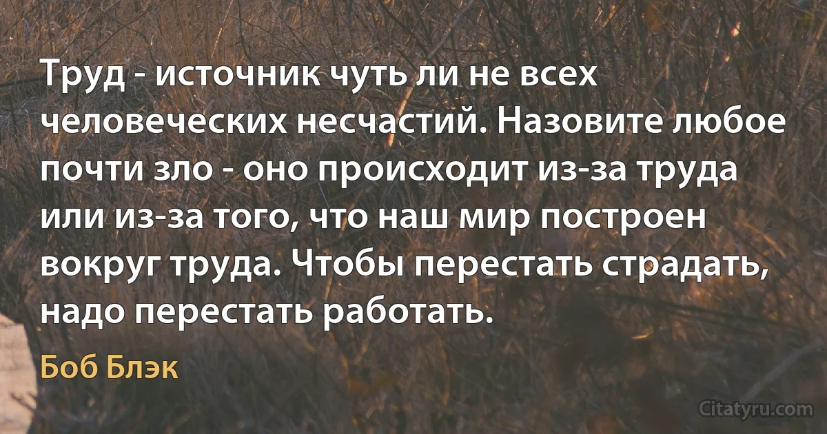 Труд - источник чуть ли не всех человеческих несчастий. Назовите любое почти зло - оно происходит из-за труда или из-за того, что наш мир построен вокруг труда. Чтобы перестать страдать, надо перестать работать. (Боб Блэк)