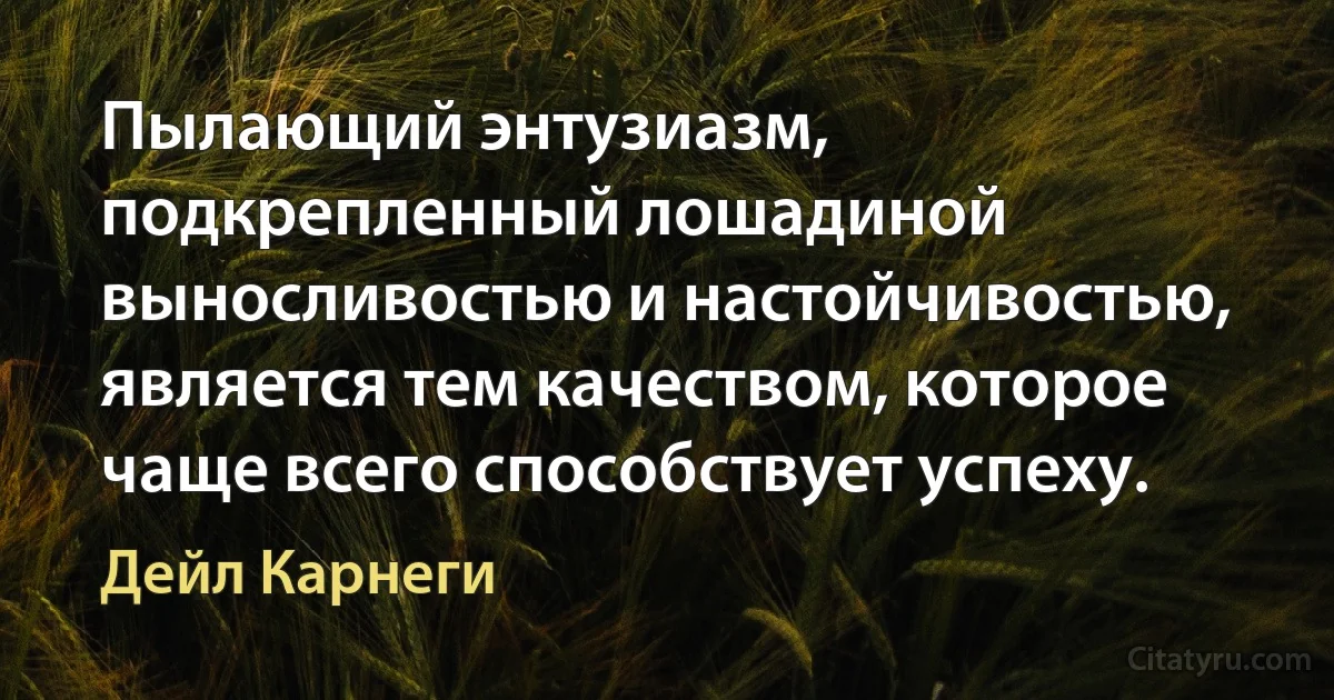 Пылающий энтузиазм, подкрепленный лошадиной выносливостью и настойчивостью, является тем качеством, которое чаще всего способствует успеху. (Дейл Карнеги)