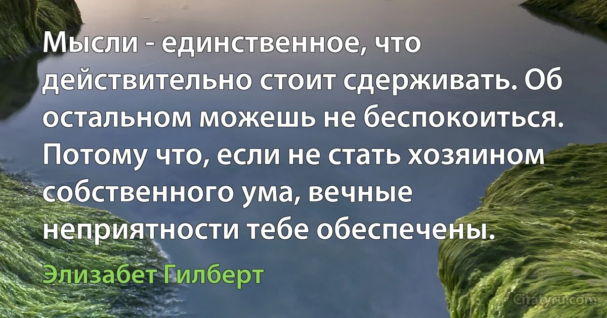 Мысли - единственное, что действительно стоит сдерживать. Об остальном можешь не беспокоиться. Потому что, если не стать хозяином собственного ума, вечные неприятности тебе обеспечены. (Элизабет Гилберт)