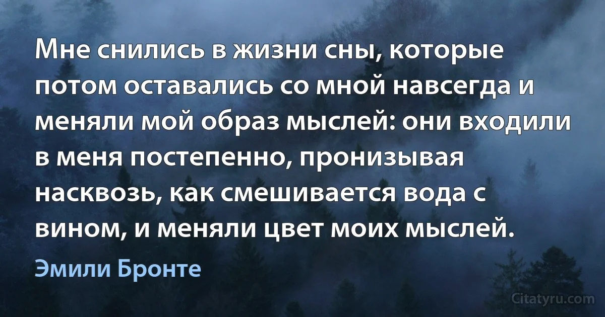 Мне снились в жизни сны, которые потом оставались со мной навсегда и меняли мой образ мыслей: они входили в меня постепенно, пронизывая насквозь, как смешивается вода с вином, и меняли цвет моих мыслей. (Эмили Бронте)