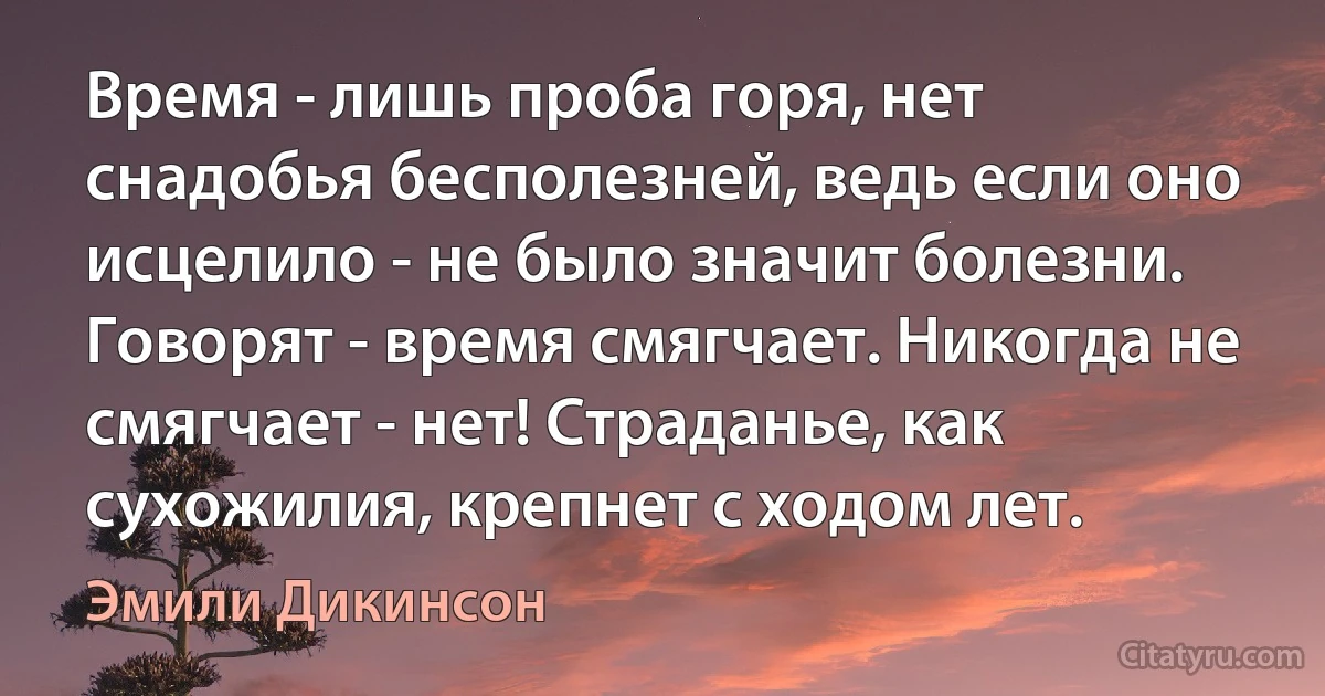 Время - лишь проба горя, нет снадобья бесполезней, ведь если оно исцелило - не было значит болезни. Говорят - время смягчает. Никогда не смягчает - нет! Страданье, как сухожилия, крепнет с ходом лет. (Эмили Дикинсон)