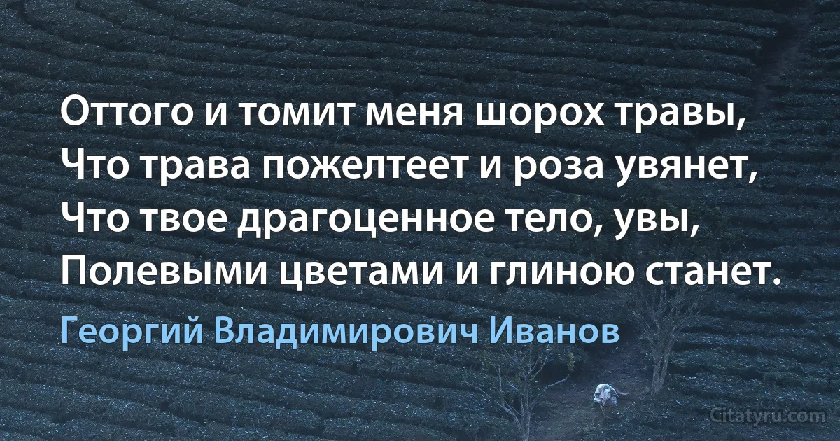 Оттого и томит меня шорох травы,
Что трава пожелтеет и роза увянет,
Что твое драгоценное тело, увы,
Полевыми цветами и глиною станет. (Георгий Владимирович Иванов)