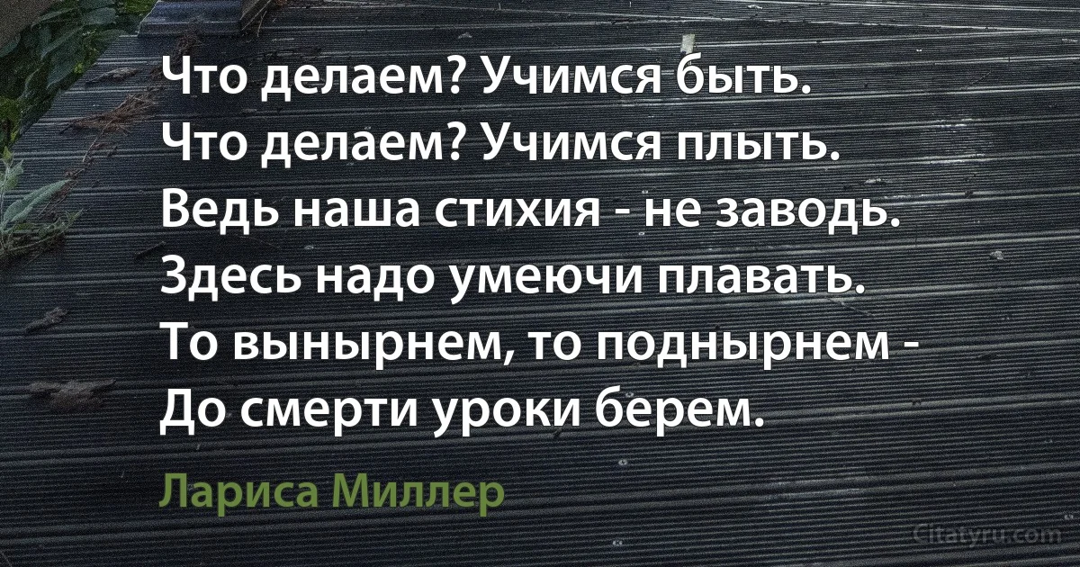 Что делаем? Учимся быть.
Что делаем? Учимся плыть.
Ведь наша стихия - не заводь.
Здесь надо умеючи плавать.
То вынырнем, то поднырнем -
До смерти уроки берем. (Лариса Миллер)