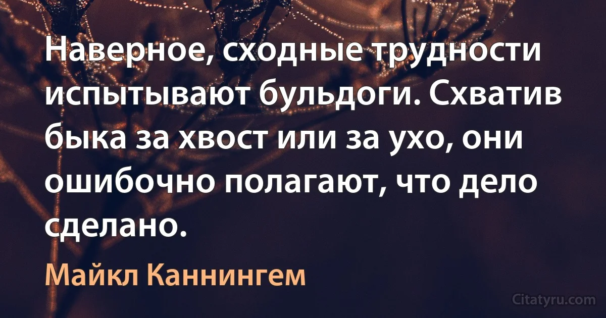 Наверное, сходные трудности испытывают бульдоги. Схватив быка за хвост или за ухо, они ошибочно полагают, что дело сделано. (Майкл Каннингем)