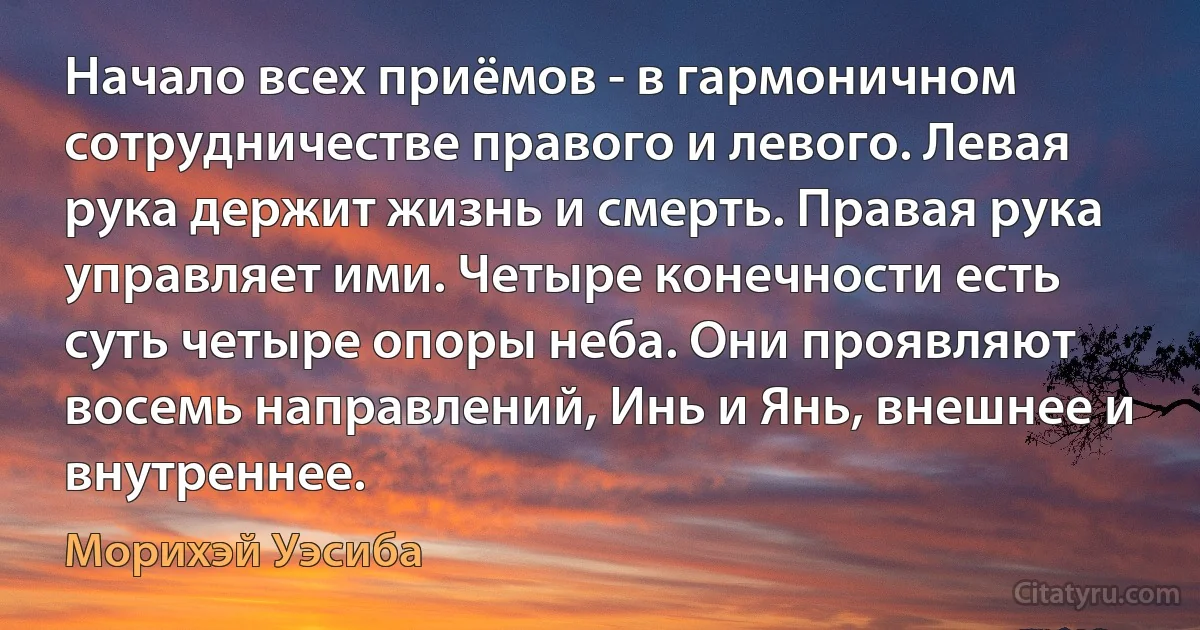 Начало всех приёмов - в гармоничном сотрудничестве правого и левого. Левая рука держит жизнь и смерть. Правая рука управляет ими. Четыре конечности есть суть четыре опоры неба. Они проявляют восемь направлений, Инь и Янь, внешнее и внутреннее. (Морихэй Уэсиба)