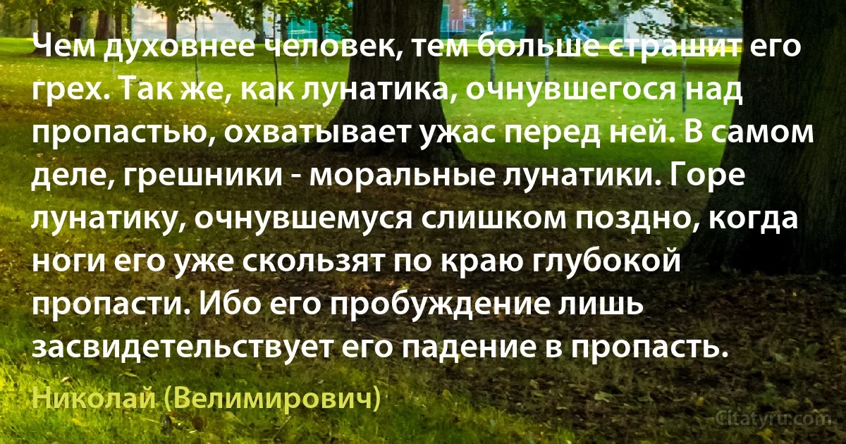 Чем духовнее человек, тем больше страшит его грех. Так же, как лунатика, очнувшегося над пропастью, охватывает ужас перед ней. В самом деле, грешники - моральные лунатики. Горе лунатику, очнувшемуся слишком поздно, когда ноги его уже скользят по краю глубокой пропасти. Ибо его пробуждение лишь засвидетельствует его падение в пропасть. (Николай (Велимирович))