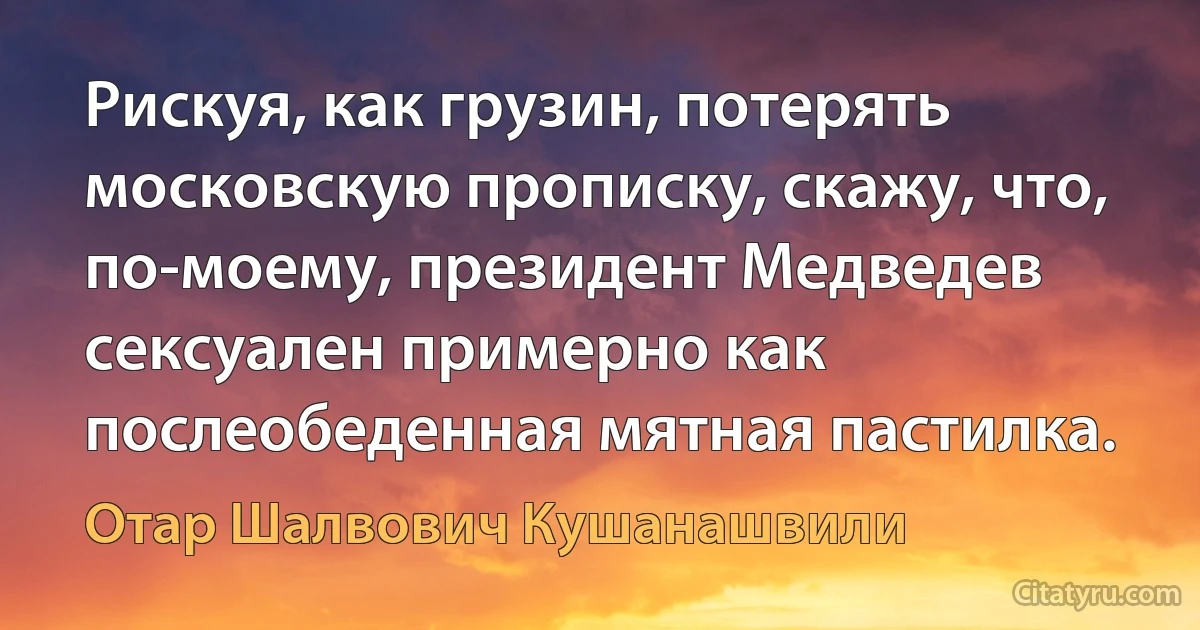 Рискуя, как грузин, потерять московскую прописку, скажу, что, по-моему, президент Медведев сексуален примерно как послеобеденная мятная пастилка. (Отар Шалвович Кушанашвили)