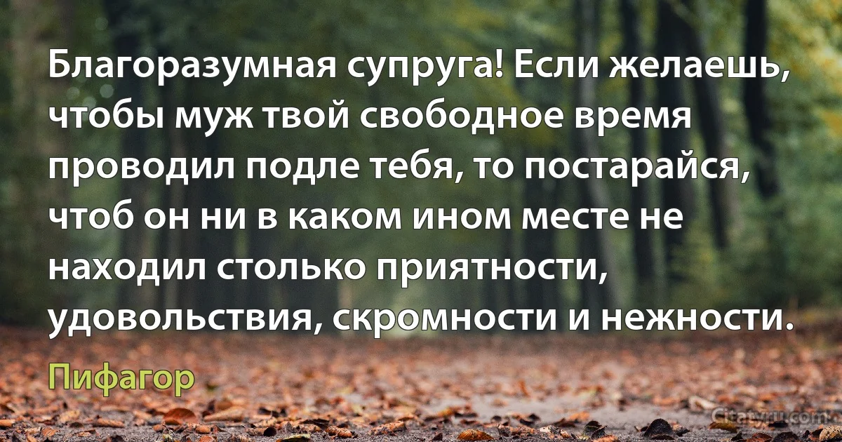 Благоразумная супруга! Если желаешь, чтобы муж твой свободное время проводил подле тебя, то постарайся, чтоб он ни в каком ином месте не находил столько приятности, удовольствия, скромности и нежности. (Пифагор)