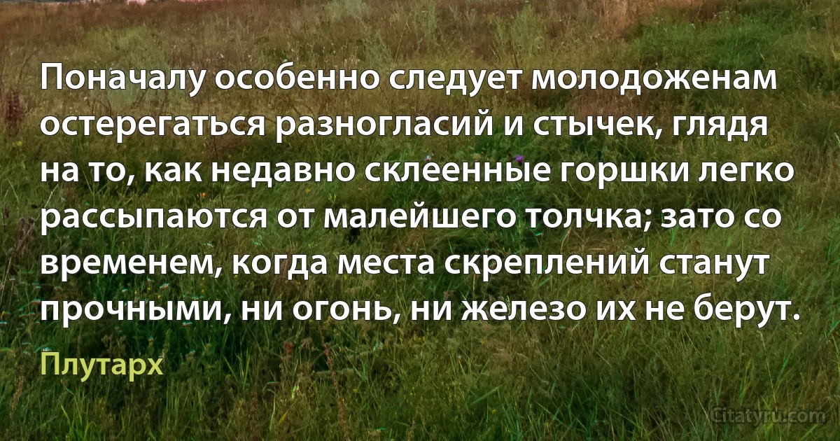 Поначалу особенно следует молодоженам остерегаться разногласий и стычек, глядя на то, как недавно склеенные горшки легко рассыпаются от малейшего толчка; зато со временем, когда места скреплений станут прочными, ни огонь, ни железо их не берут. (Плутарх)