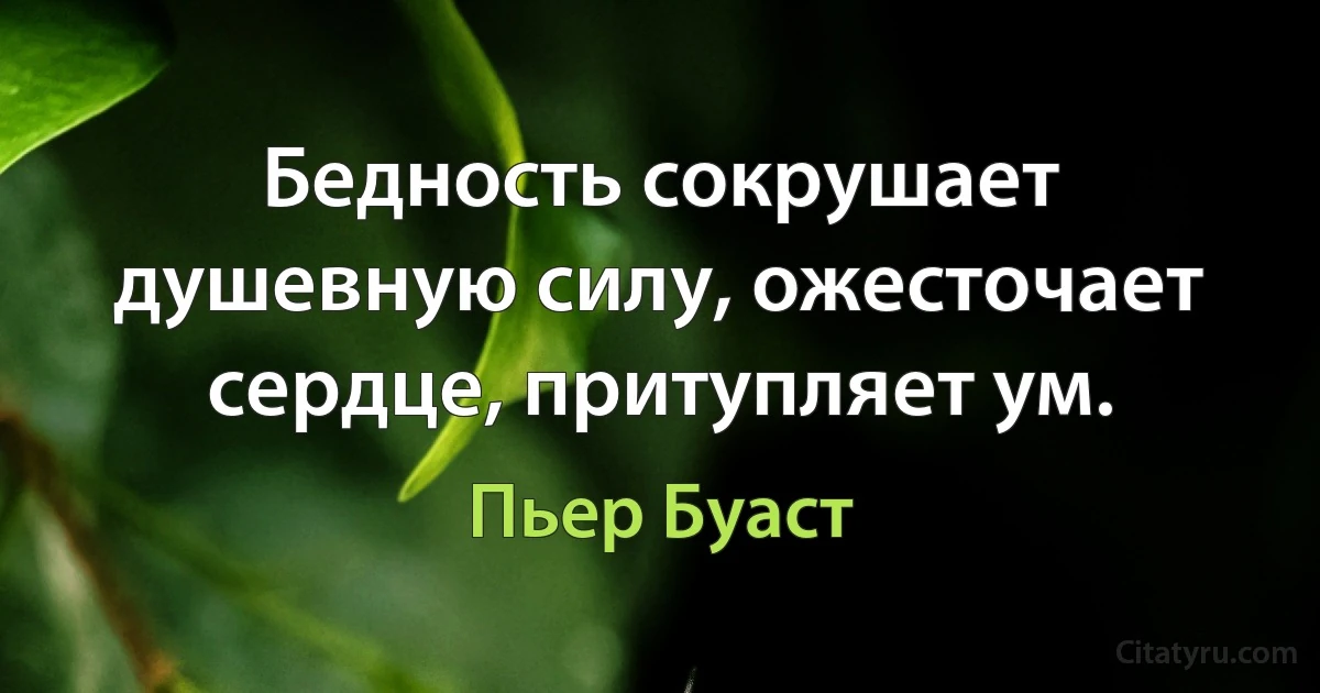 Бедность сокрушает душевную силу, ожесточает сердце, притупляет ум. (Пьер Буаст)