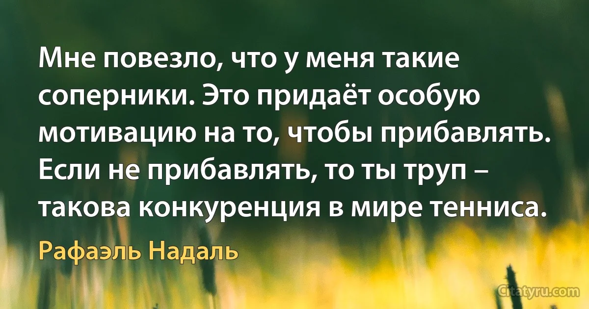 Мне повезло, что у меня такие соперники. Это придаёт особую мотивацию на то, чтобы прибавлять. Если не прибавлять, то ты труп – такова конкуренция в мире тенниса. (Рафаэль Надаль)