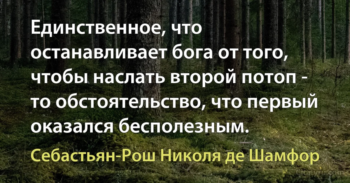 Единственное, что останавливает бога от того, чтобы наслать второй потоп - то обстоятельство, что первый оказался бесполезным. (Себастьян-Рош Николя де Шамфор)