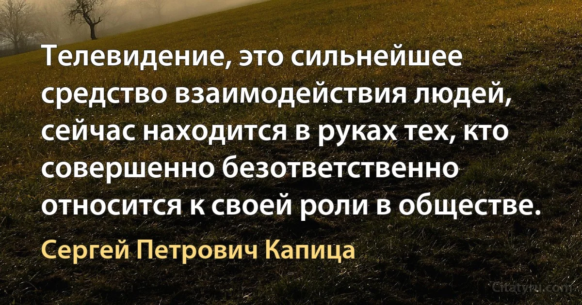 Телевидение, это сильнейшее средство взаимодействия людей, сейчас находится в руках тех, кто совершенно безответственно относится к своей роли в обществе. (Сергей Петрович Капица)