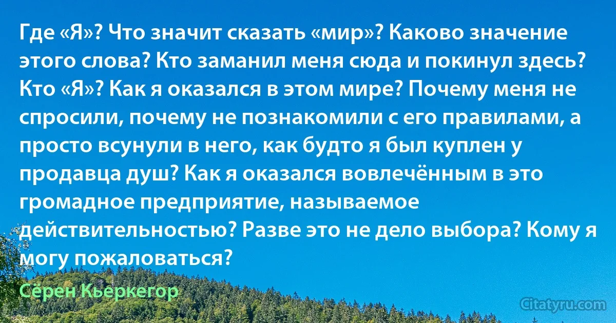 Где «Я»? Что значит сказать «мир»? Каково значение этого слова? Кто заманил меня сюда и покинул здесь? Кто «Я»? Как я оказался в этом мире? Почему меня не спросили, почему не познакомили с его правилами, а просто всунули в него, как будто я был куплен у продавца душ? Как я оказался вовлечённым в это громадное предприятие, называемое действительностью? Разве это не дело выбора? Кому я могу пожаловаться? (Сёрен Кьеркегор)