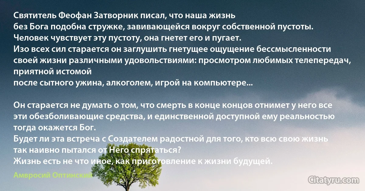 Святитель Феофан Затворник писал, что наша жизнь
без Бога подобна стружке, завивающейся вокруг собственной пустоты.
Человек чувствует эту пустоту, она гнетет его и пугает.
Изо всех сил старается он заглушить гнетущее ощущение бессмысленности своей жизни различными удовольствиями: просмотром любимых телепередач, приятной истомой
после сытного ужина, алкоголем, игрой на компьютере...

Он старается не думать о том, что смерть в конце концов отнимет у него все эти обезболивающие средства, и единственной доступной ему реальностью тогда окажется Бог.
Будет ли эта встреча с Создателем радостной для того, кто всю свою жизнь так наивно пытался от Него спрятаться?
Жизнь есть не что иное, как приготовление к жизни будущей. (Амвросий Оптинский)