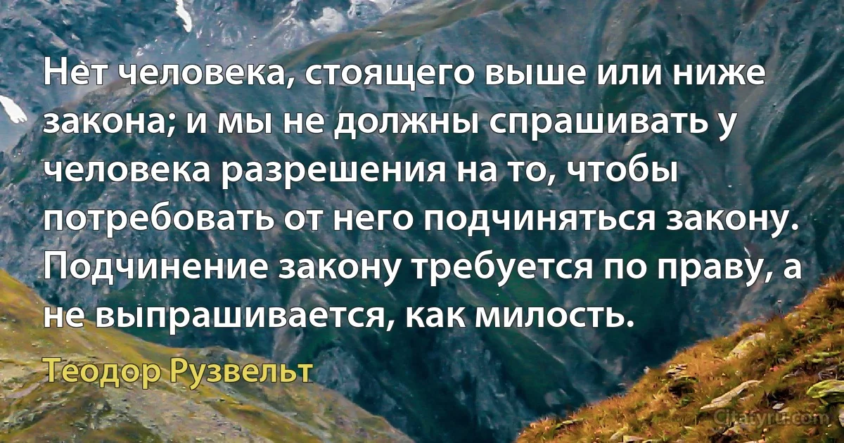 Нет человека, стоящего выше или ниже закона; и мы не должны спрашивать у человека разрешения на то, чтобы потребовать от него подчиняться закону. Подчинение закону требуется по праву, а не выпрашивается, как милость. (Теодор Рузвельт)