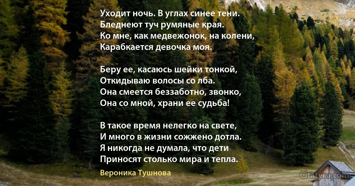 Уходит ночь. В углах синее тени.
Бледнеют туч румяные края.
Ко мне, как медвежонок, на колени,
Карабкается девочка моя.

Беру ее, касаюсь шейки тонкой,
Откидываю волосы со лба.
Она смеется беззаботно, звонко,
Она со мной, храни ее судьба!

В такое время нелегко на свете,
И много в жизни сожжено дотла.
Я никогда не думала, что дети
Приносят столько мира и тепла. (Вероника Тушнова)