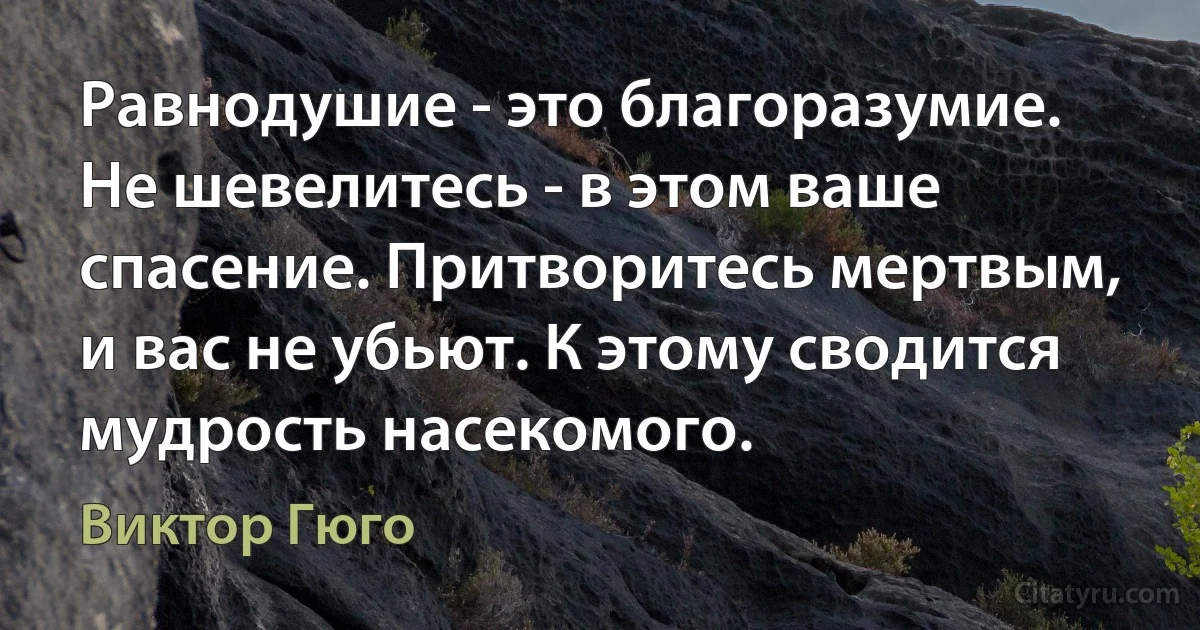 Равнодушие - это благоразумие. Не шевелитесь - в этом ваше спасение. Притворитесь мертвым, и вас не убьют. К этому сводится
мудрость насекомого. (Виктор Гюго)