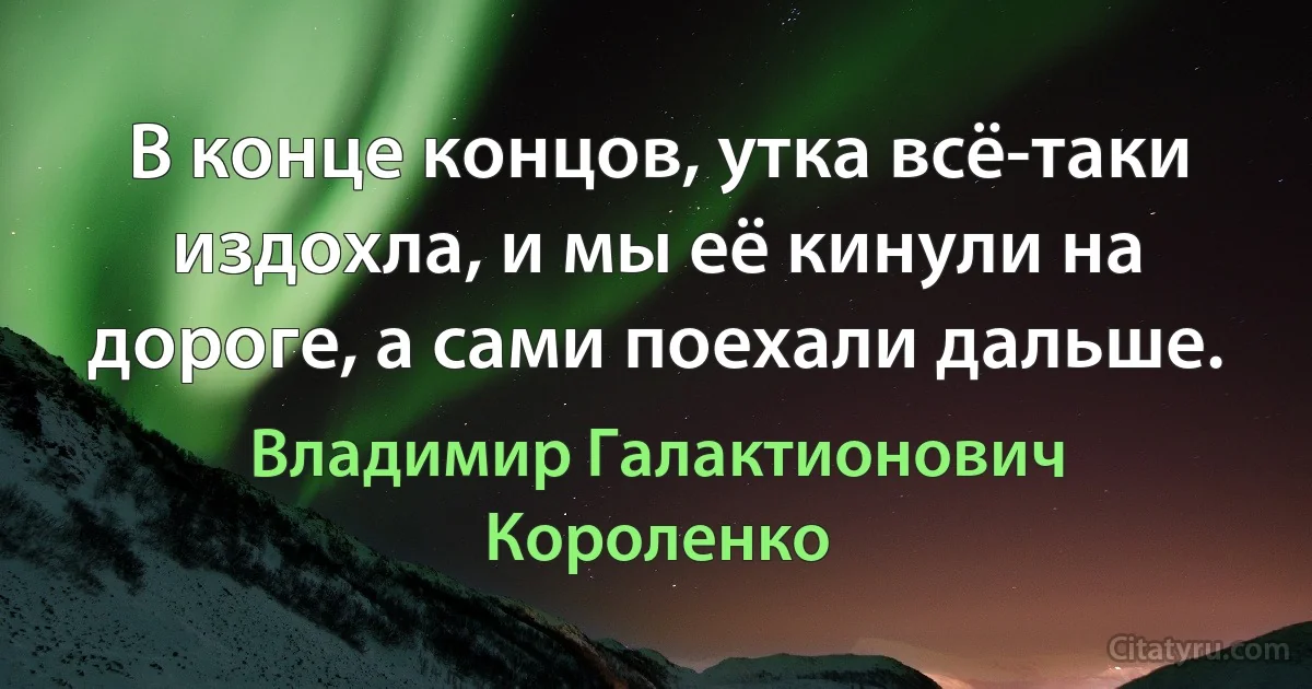 В конце концов, утка всё-таки издохла, и мы её кинули на дороге, а сами поехали дальше. (Владимир Галактионович Короленко)