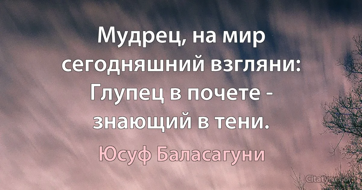 Мудрец, на мир сегодняшний взгляни:
Глупец в почете - знающий в тени. (Юсуф Баласагуни)