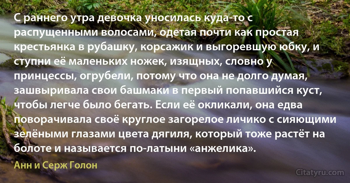 С раннего утра девочка уносилась куда-то с распущенными волосами, одетая почти как простая крестьянка в рубашку, корсажик и выгоревшую юбку, и ступни её маленьких ножек, изящных, словно у принцессы, огрубели, потому что она не долго думая, зашвыривала свои башмаки в первый попавшийся куст, чтобы легче было бегать. Если её окликали, она едва поворачивала своё круглое загорелое личико с сияющими зелёными глазами цвета дягиля, который тоже растёт на болоте и называется по-латыни «анжелика». (Анн и Серж Голон)