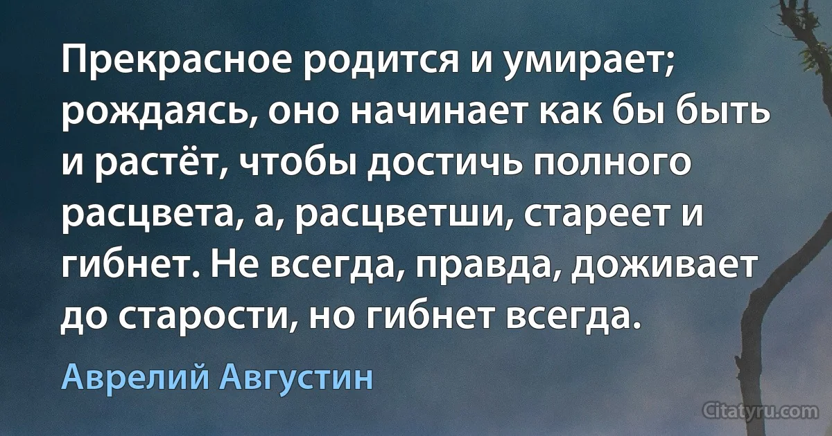 Прекрасное родится и умирает; рождаясь, оно начинает как бы быть и растёт, чтобы достичь полного расцвета, а, расцветши, стареет и гибнет. Не всегда, правда, доживает до старости, но гибнет всегда. (Аврелий Августин)