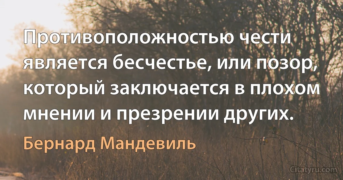 Противоположностью чести является бесчестье, или позор, который заключается в плохом мнении и презрении других. (Бернард Мандевиль)