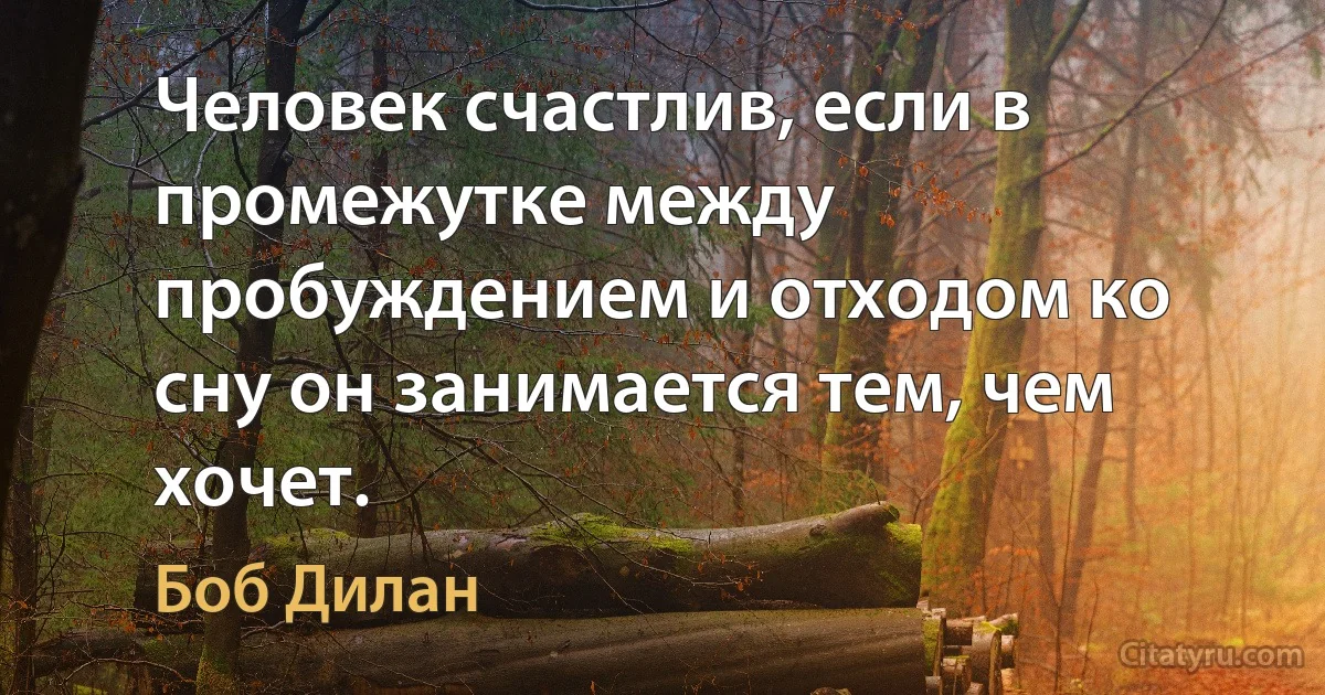 Человек счастлив, если в промежутке между пробуждением и отходом ко сну он занимается тем, чем хочет. (Боб Дилан)