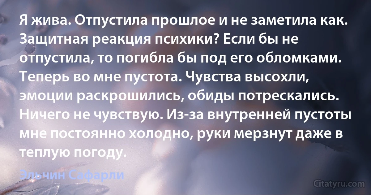 Я жива. Отпустила прошлое и не заметила как. Защитная реакция психики? Если бы не отпустила, то погибла бы под его обломками. Теперь во мне пустота. Чувства высохли, эмоции раскрошились, обиды потрескались. Ничего не чувствую. Из-за внутренней пустоты мне постоянно холодно, руки мерзнут даже в теплую погоду. (Эльчин Сафарли)