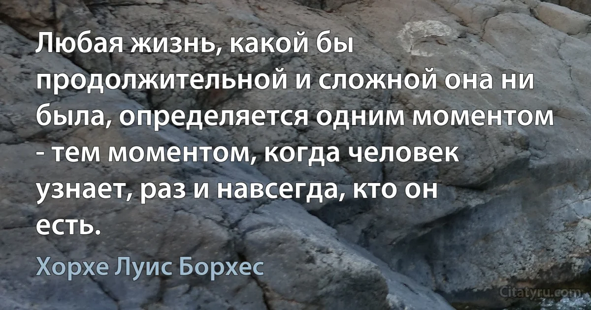 Любая жизнь, какой бы продолжительной и сложной она ни была, определяется одним моментом - тем моментом, когда человек узнает, раз и навсегда, кто он есть. (Хорхе Луис Борхес)