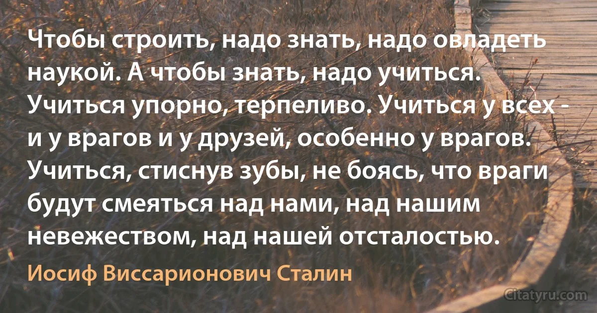 Чтобы строить, надо знать, надо овладеть наукой. А чтобы знать, надо учиться. Учиться упорно, терпеливо. Учиться у всех - и у врагов и у друзей, особенно у врагов. Учиться, стиснув зубы, не боясь, что враги будут смеяться над нами, над нашим невежеством, над нашей отсталостью. (Иосиф Виссарионович Сталин)