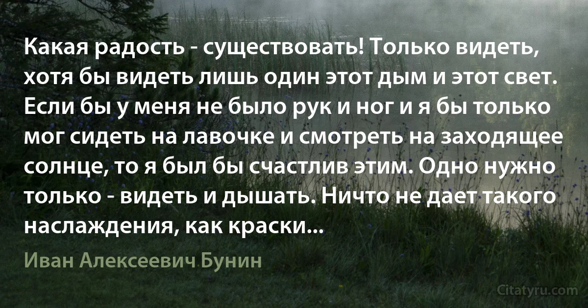 Какая радость - существовать! Только видеть, хотя бы видеть лишь один этот дым и этот свет. Если бы у меня не было рук и ног и я бы только мог сидеть на лавочке и смотреть на заходящее солнце, то я был бы счастлив этим. Одно нужно только - видеть и дышать. Ничто не дает такого наслаждения, как краски... (Иван Алексеевич Бунин)