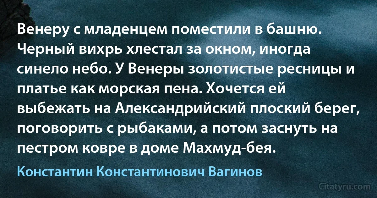 Венеру с младенцем поместили в башню. Черный вихрь хлестал за окном, иногда синело небо. У Венеры золотистые ресницы и платье как морская пена. Хочется ей выбежать на Александрийский плоский берег, поговорить с рыбаками, а потом заснуть на пестром ковре в доме Махмуд-бея. (Константин Константинович Вагинов)