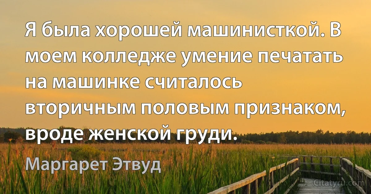 Я была хорошей машинисткой. В моем колледже умение печатать на машинке считалось вторичным половым признаком, вроде женской груди. (Маргарет Этвуд)