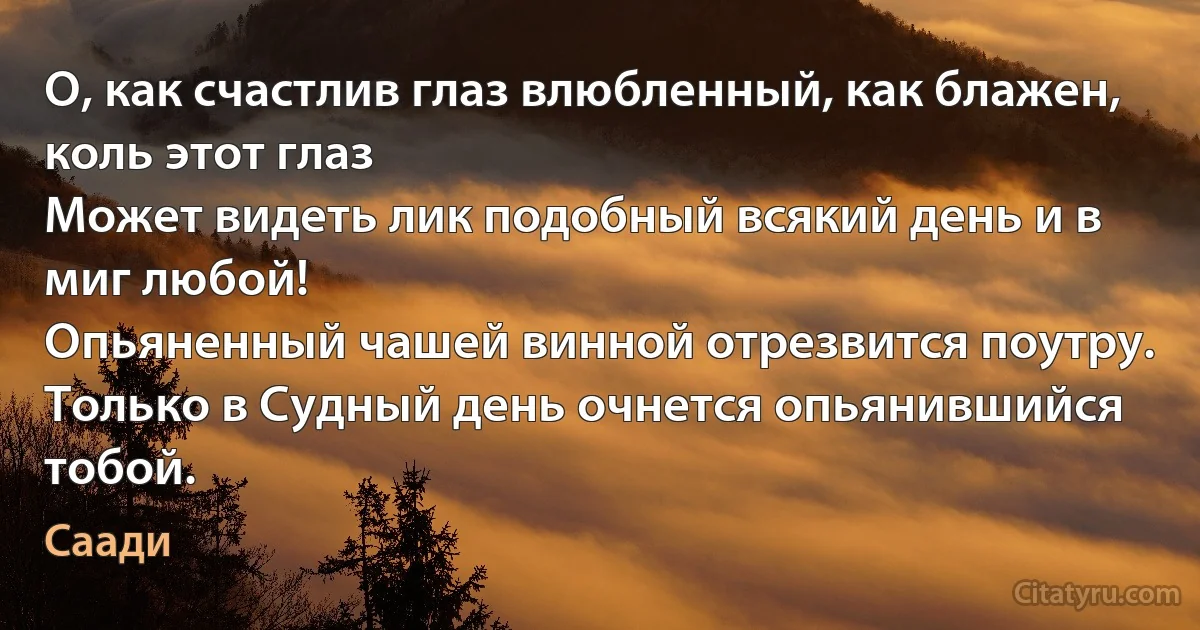 О, как счастлив глаз влюбленный, как блажен, коль этот глаз
Может видеть лик подобный всякий день и в миг любой!
Опьяненный чашей винной отрезвится поутру.
Только в Судный день очнется опьянившийся тобой. (Саади)