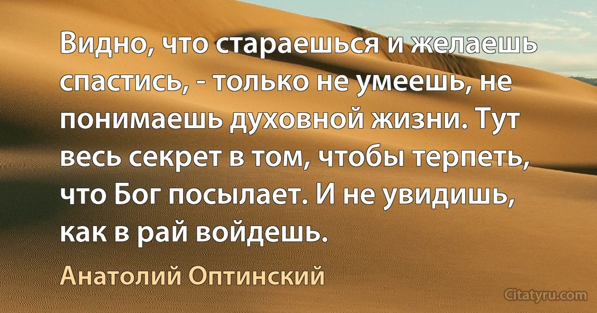 Видно, что стараешься и желаешь спастись, - только не умеешь, не понимаешь духовной жизни. Тут весь секрет в том, чтобы терпеть, что Бог посылает. И не увидишь, как в рай войдешь. (Анатолий Оптинский)