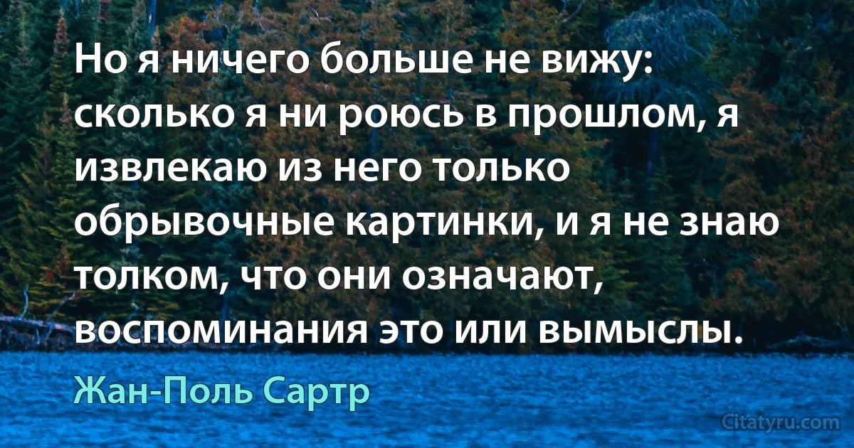 Но я ничего больше не вижу: сколько я ни роюсь в прошлом, я извлекаю из него только обрывочные картинки, и я не знаю толком, что они означают, воспоминания это или вымыслы. (Жан-Поль Сартр)