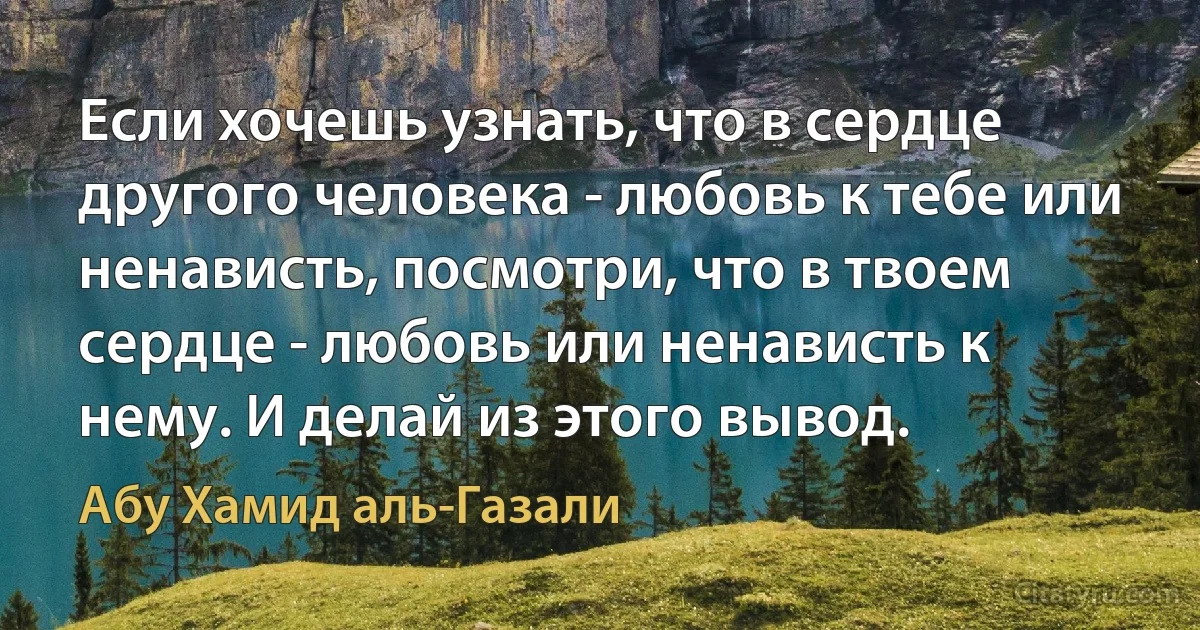 Если хочешь узнать, что в сердце другого человека - любовь к тебе или ненависть, посмотри, что в твоем сердце - любовь или ненависть к нему. И делай из этого вывод. (Абу Хамид аль-Газали)