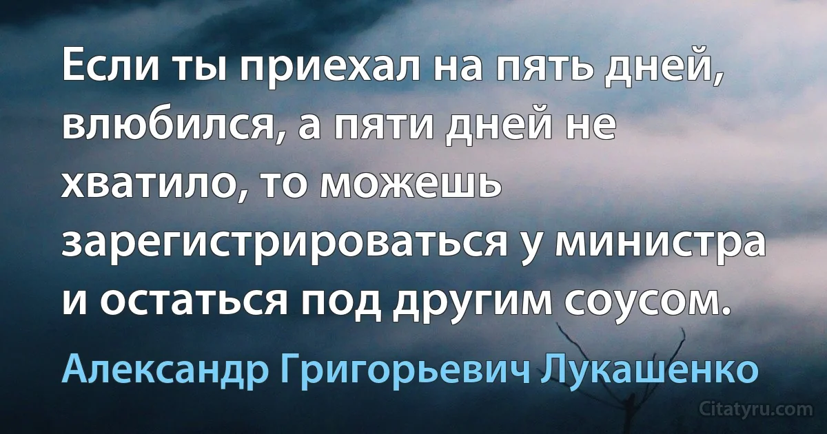 Если ты приехал на пять дней, влюбился, а пяти дней не хватило, то можешь зарегистрироваться у министра и остаться под другим соусом. (Александр Григорьевич Лукашенко)