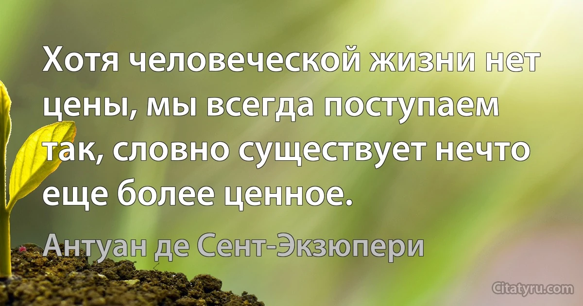 Хотя человеческой жизни нет цены, мы всегда поступаем так, словно существует нечто еще более ценное. (Антуан де Сент-Экзюпери)