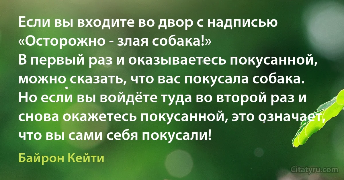 Если вы входите во двор с надписью «Осторожно - злая собака!» 
В первый раз и оказываетесь покусанной, можно сказать, что вас покусала собака.
Но если вы войдёте туда во второй раз и снова окажетесь покусанной, это означает, что вы сами себя покусали! (Байрон Кейти)